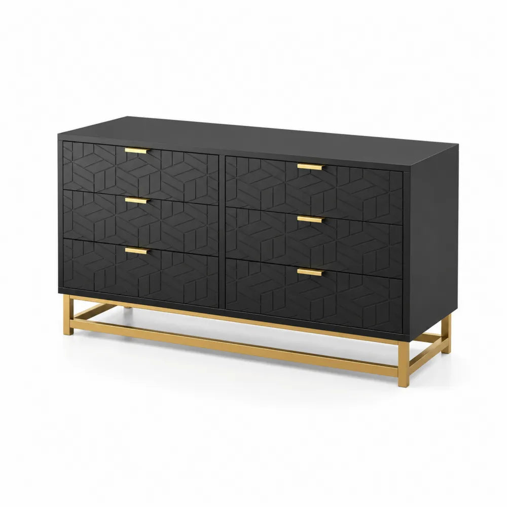 Schwarze Kommode mit 6 Schubladen aus MDF und Metall in Gold