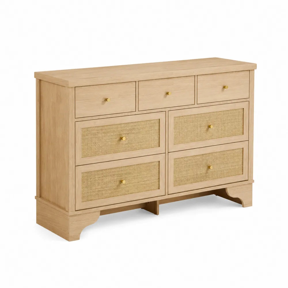 Eiche Kommode mit Rattan-Geflecht, 6 Schubladen, Natur