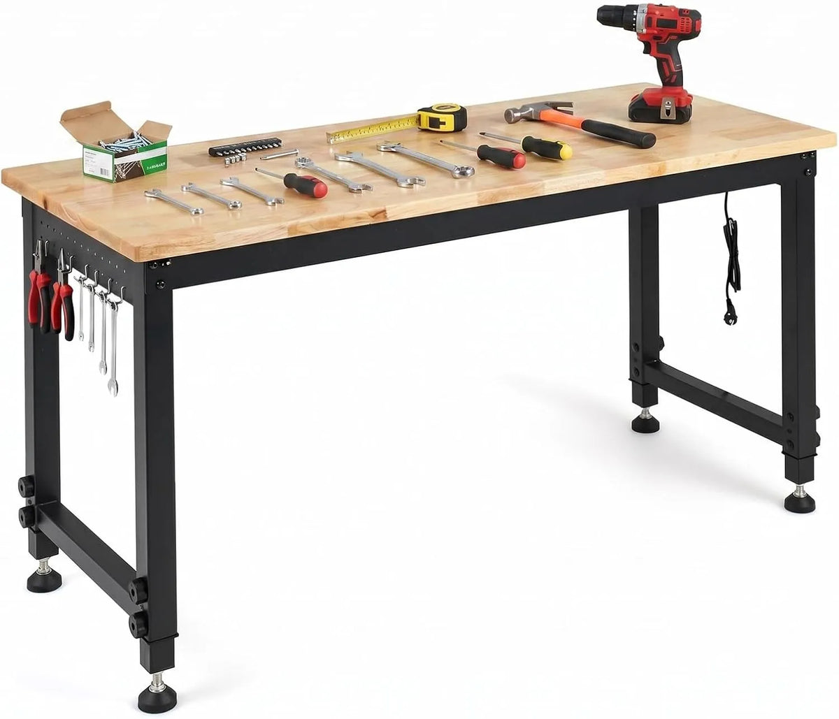 COSTWAY 122 Werkbank und Werktisch: höhenverstellbar, mit Lochwand, mit Steckdose, aus Massivholz, 122 cm, 2,5 cm, 900 kg