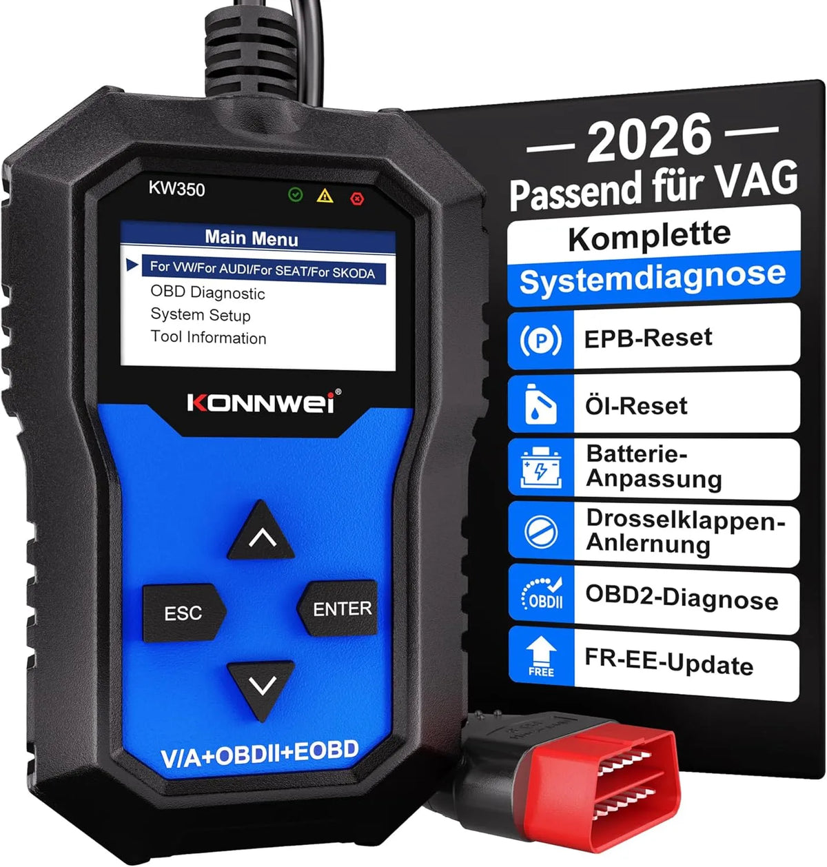 KW350 OBD2 Diagnosegerät zum Auslesen von Fahrzeugdaten und Erkennen gespeicherter Fehler für VW Audi Skoda Seat, KONNWEI KW350