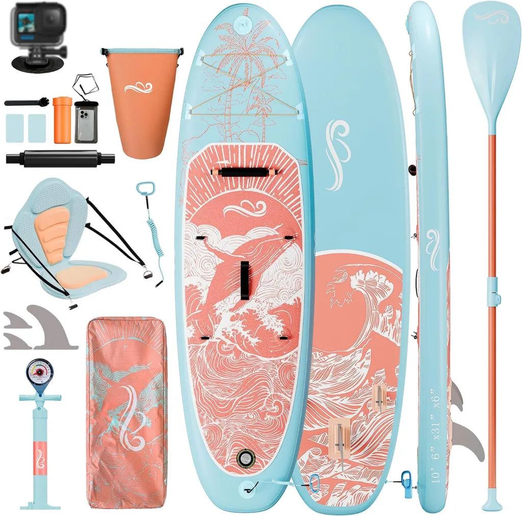 JUMMICO Aufblasbares SUP-Board Set mit 2-in-1 Paddel und Sitz, inklusive Kamera-Halterung und Zubehör