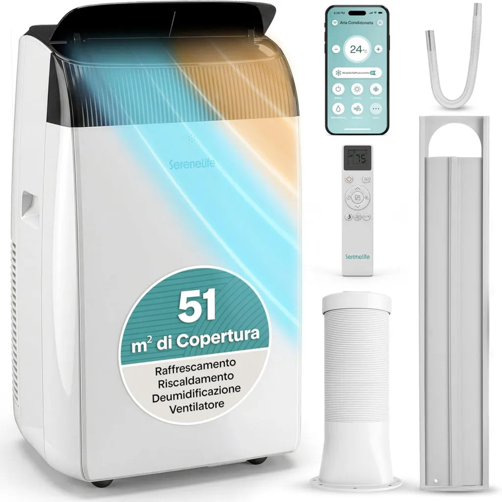 Mobiles Klimagerät 12000 BTU mit WiFi und Heizung, Luftentfeuchter, Ventilator, Fenster-Set, Nachtmodus für Zuhause