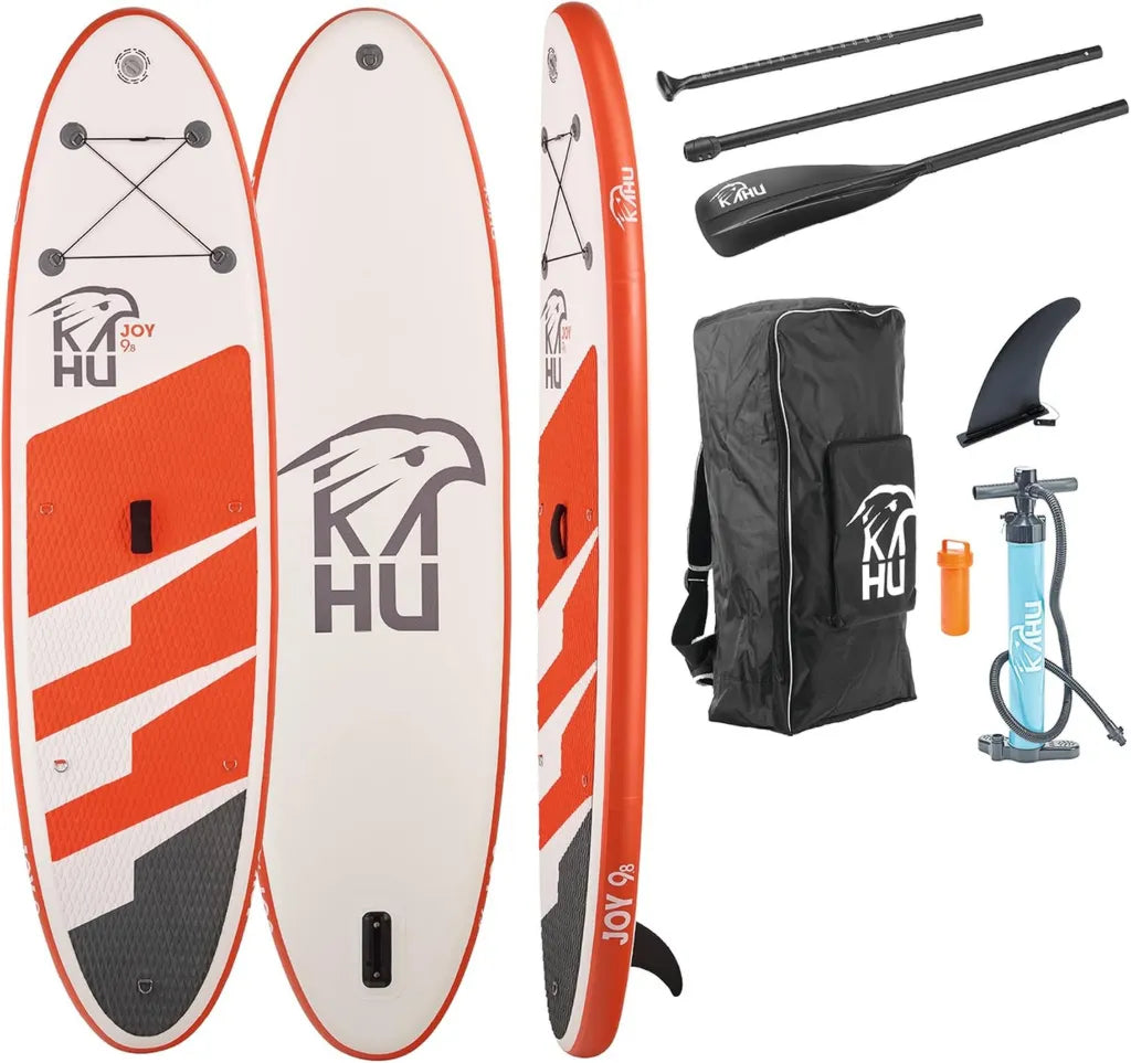 KAHU® Joy 298 cm aufblasbares SUP-Board Set mit Alu-Paddel und Pumpe - Allround für Einsteiger - 15 cm Dicke - 120 kg Tragkraft - Inklusive Kajaksitz - Orange