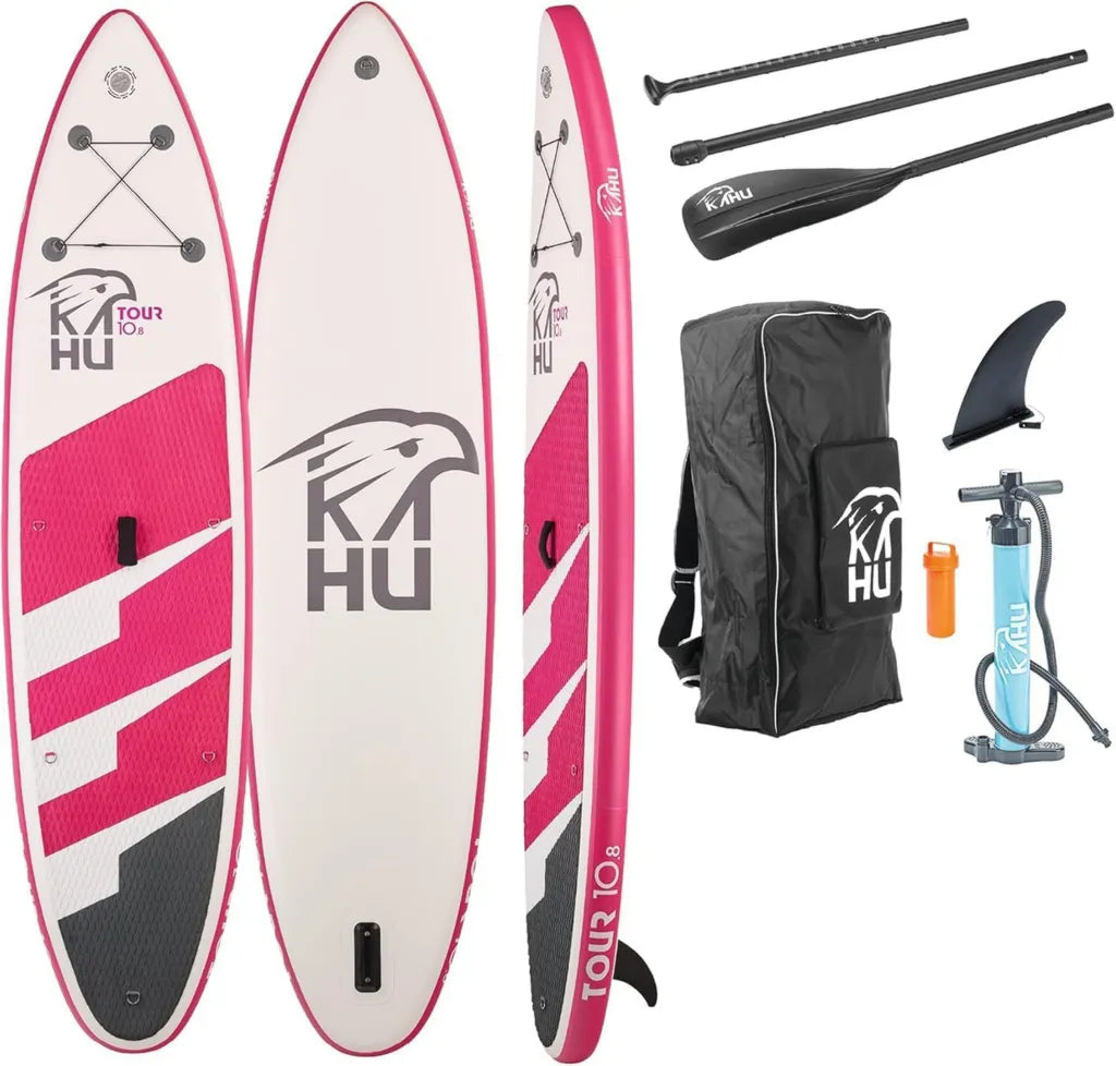 KAHU® Aufblasbares Touring SUP Board Set mit Alu-Paddel und Pumpe, 335x78x15cm, 150kg Kapazität, Inkl. Kajak-Sitz