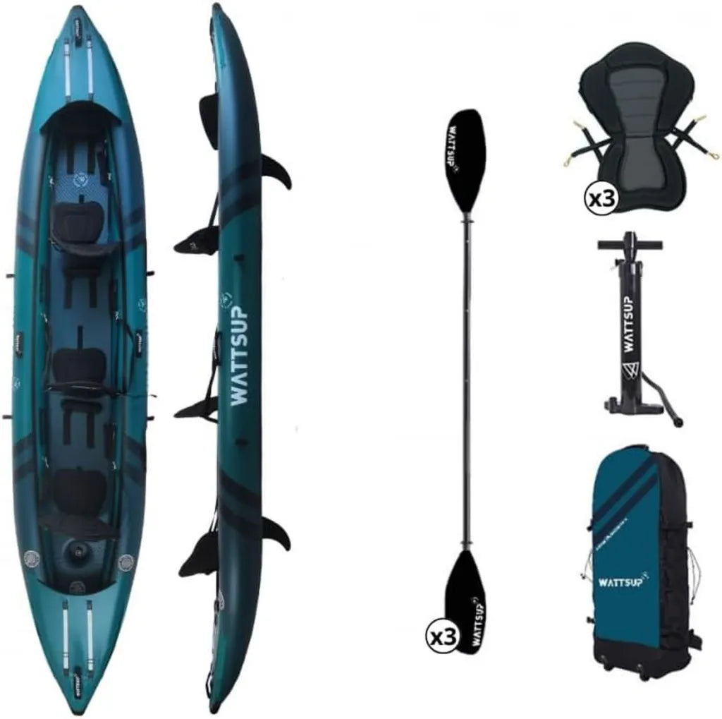 Wattsup Aufblasbares Kajak für 3 Personen - 460x85 cm - Hochdruck Dropstitch Konstruktion - Komplettset mit Paddel, Sitzen, Pumpe und Tasche - Belastbar bis 250 kg - Blau