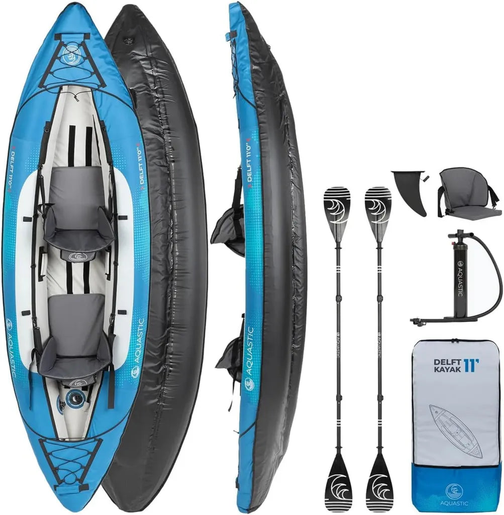 AQUASTIC 2-Personen Kajak Set 11'0' - Aufblasbar mit Stabilisator und Hülle, 335x96 cm, Robustes PVC für Abenteuer und Rafting