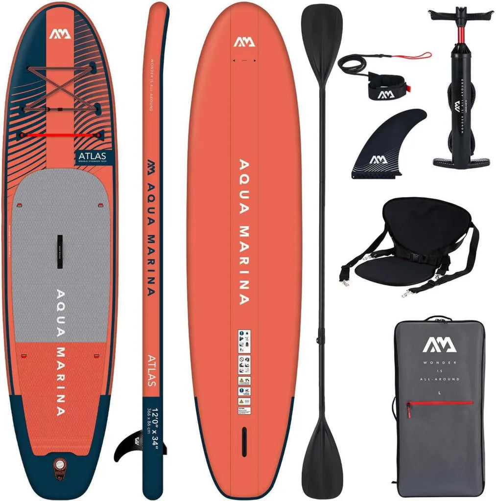 Aqua Marina Aufblasbares SUP-Board Set Atlas 366x86x15cm mit Kajaksitz und Doppelpaddel – Rot