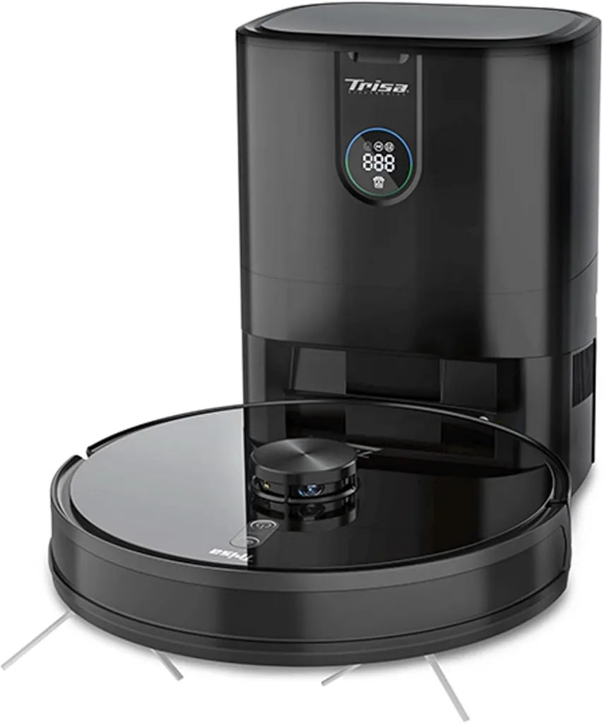 Trisa T-Bot Pro Saug- und Wischroboter, 360° Laser, App-Steuerung, ideal für Tierhaare, Teppiche & Hartböden, 120 Min Laufzeit, Auto-Entleerungsstation