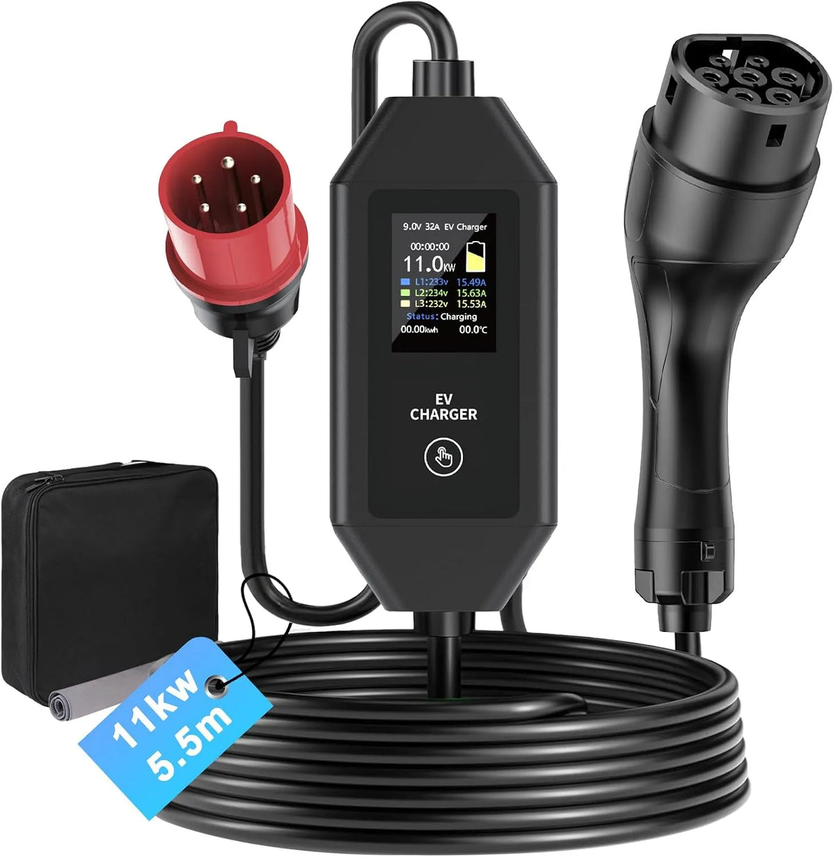 Typ-2-Ladekabel für Elektroautos und Mode-3-EV-Kabel, mit Digitalanzeige, 11kW, 16A, 5,5m, IP55, Typ 2
