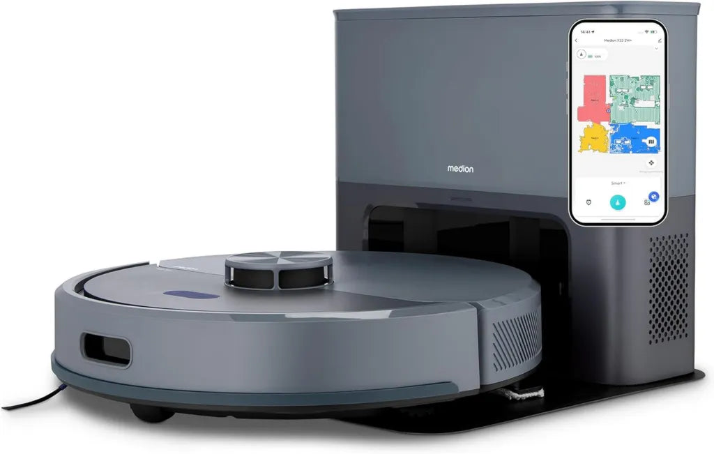MEDION Saugroboter X23 SW+ mit Lasernavigation und Absaugstation, 5000Pa Saugkraft, 2in1 Wischen und Saugen, präzise Kartenerstellung, Etagenverwaltung, No-Go-Zonen