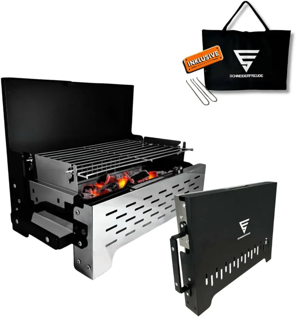 SCHNEIDERFREUDE Klappgrill 2.0: Höhenverstellbarer Holzkohlegrill für Camping mit Multifunktions-Zange & Tragebeutel - DEKRA-zertifiziert für Outdoor und BBQ