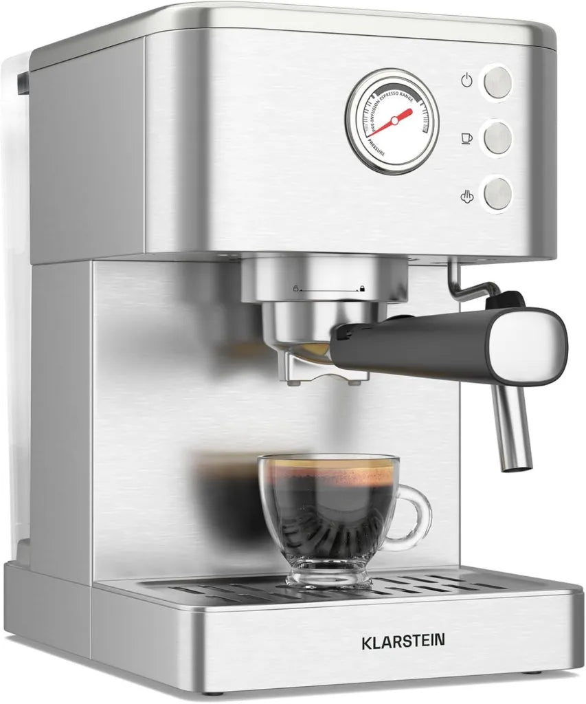 Klarstein Espressomaschine – 20-Bar Druck, 1350 W, Edelstahlgehäuse, Dampffunktion, 1,5 L Tank, Kompaktes Format, Manuelle Bedienung, Warmhalteplatte