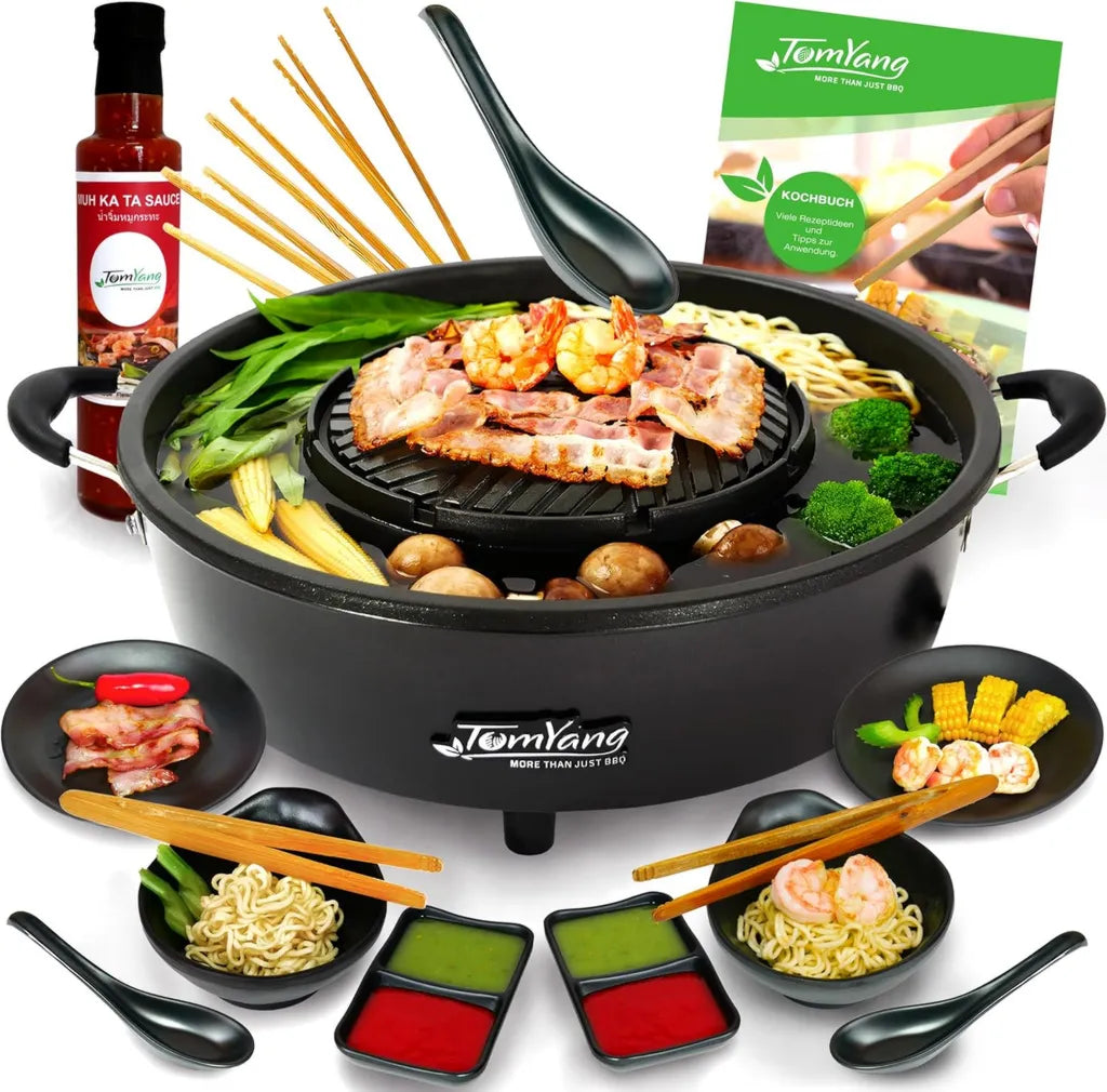 Elektrischer Hot Pot Set von TomYang mit Kochbuch, Thai BBQ Sauce und Grillgeschirr