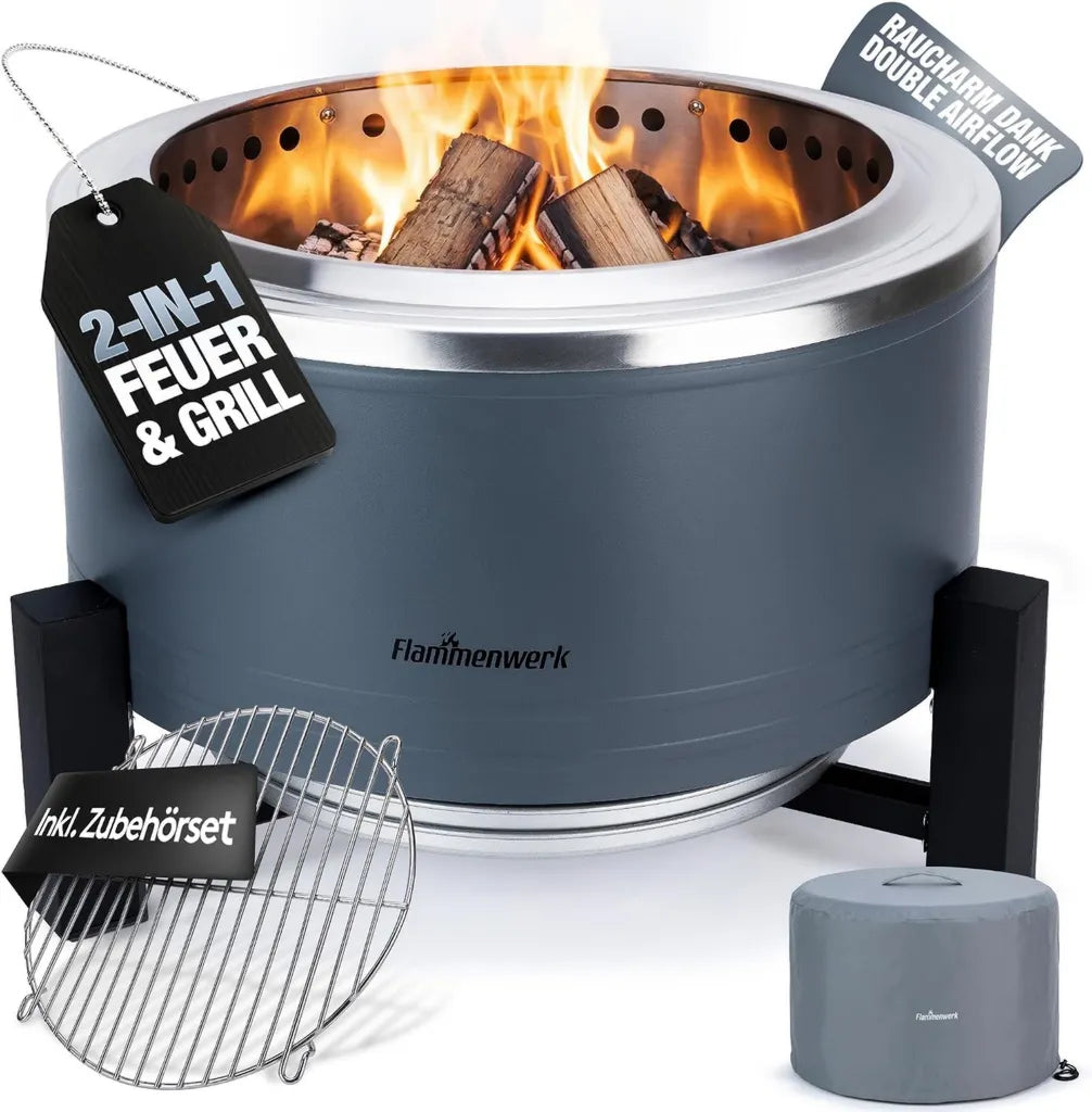 Rauchfreie Edelstahl-Feuerschale mit Turbo-Brenner, Ø 56 cm - 2-in-1 Feuerstelle und Grill für Garten, Terrasse und Camping, geeignet für Holz und Pellets
