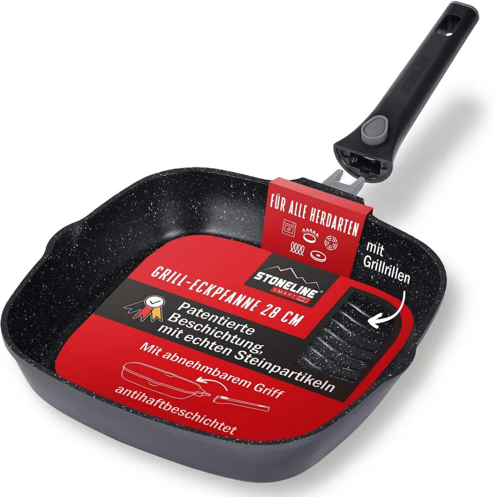 STONELINE SMART Grillpfanne 28 cm, Abnehmbarer Griff, Antihaft-Induktionspfanne, Grau
