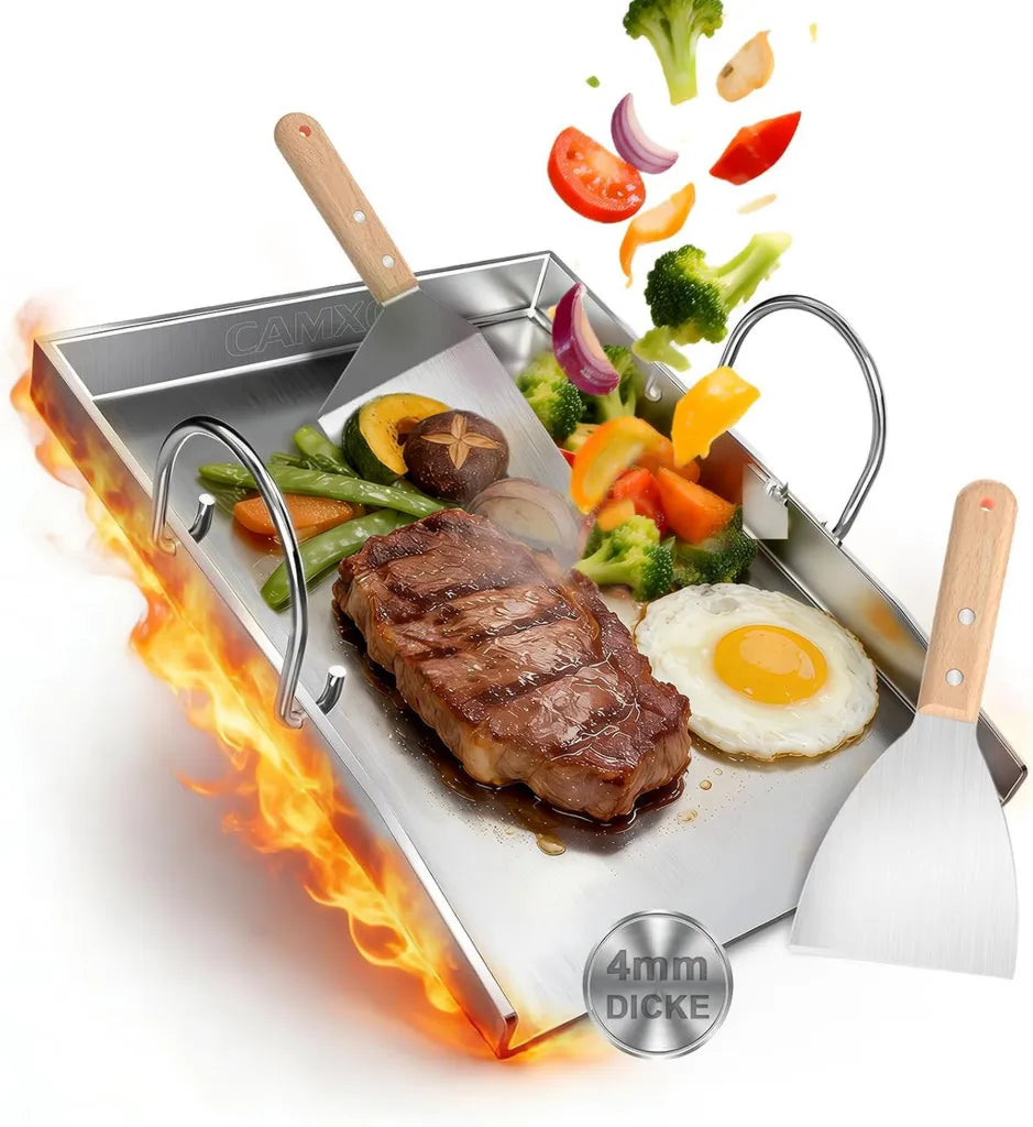 Edelstahl Grillplatte mit Fettablauf, spülmaschinenfest, 40.5x31cm, ideal für Gas- und Kohlegrills