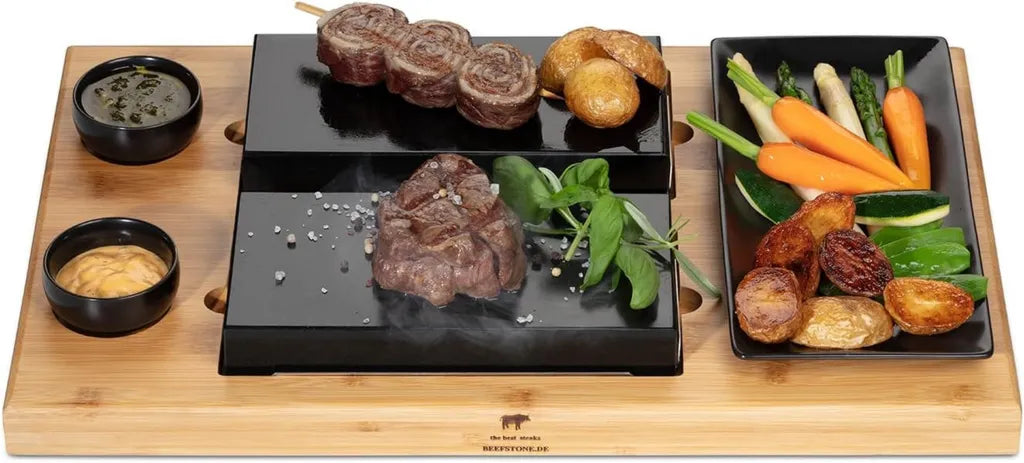 Lavastein-Grillplatte DUE mit Bambusbasis, Komplettes Raclette-Set für 8 Personen