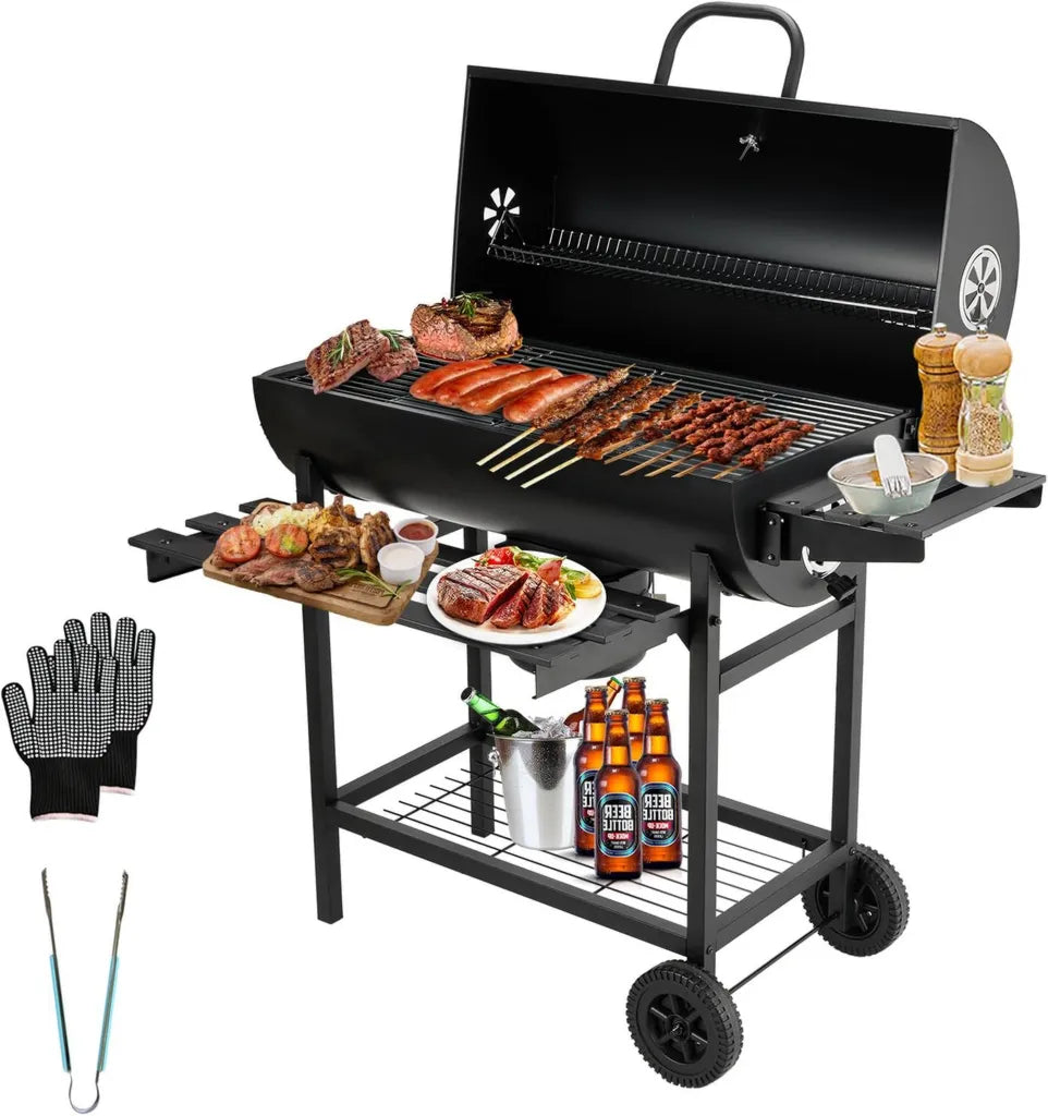 TEENO Holzkohlegrillwagen XXL mit Deckel, Thermometer & Aschefach