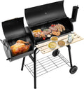 KOMFOTTEU 2-in-1 Holzkohlegrill mit Räucherofen, Thermometer und Rädern, BBQ Grillwagen für draußen, inkl. Seitentisch und Ablage