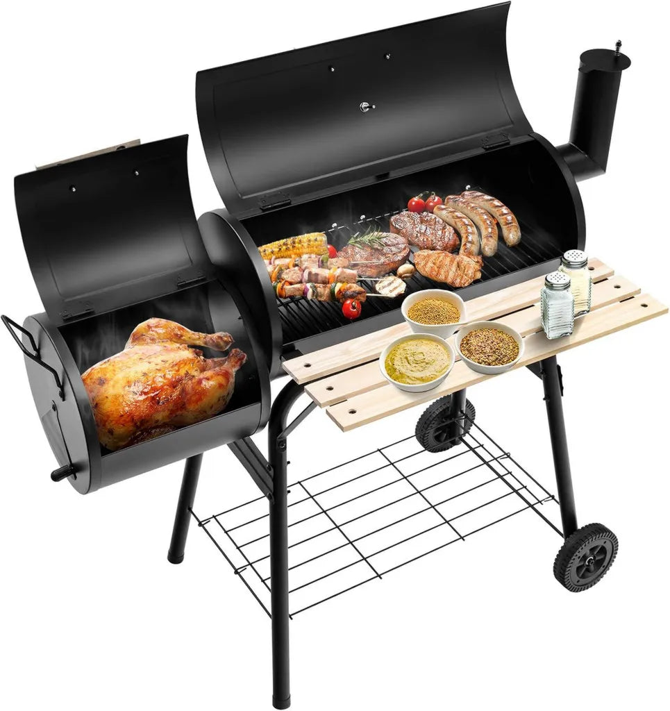 KOMFOTTEU 2-in-1 Holzkohlegrill mit Räucherofen, Thermometer und Rädern, BBQ Grillwagen für draußen, inkl. Seitentisch und Ablage