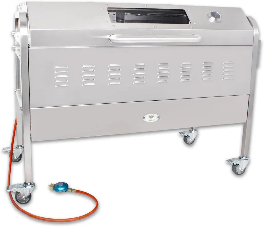 Beeketal Edelstahl Spanferkelgrill mit Elektromotor und Grillspieß – Deckel, verstellbarer Spieß, Gasbrenner mit Piezozündung, fahrbarer Grillwagen
