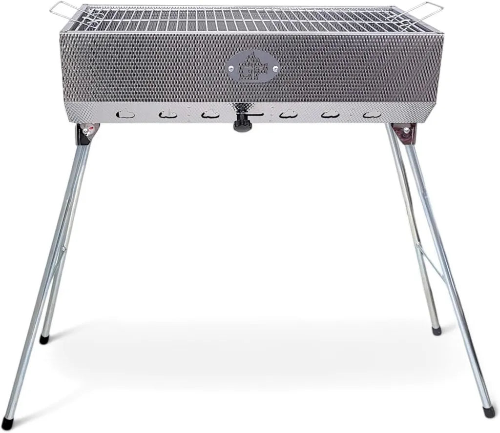 Hochwertiger Edelstahl Schaschlikgrill mit Klappbeinen und Luftregler