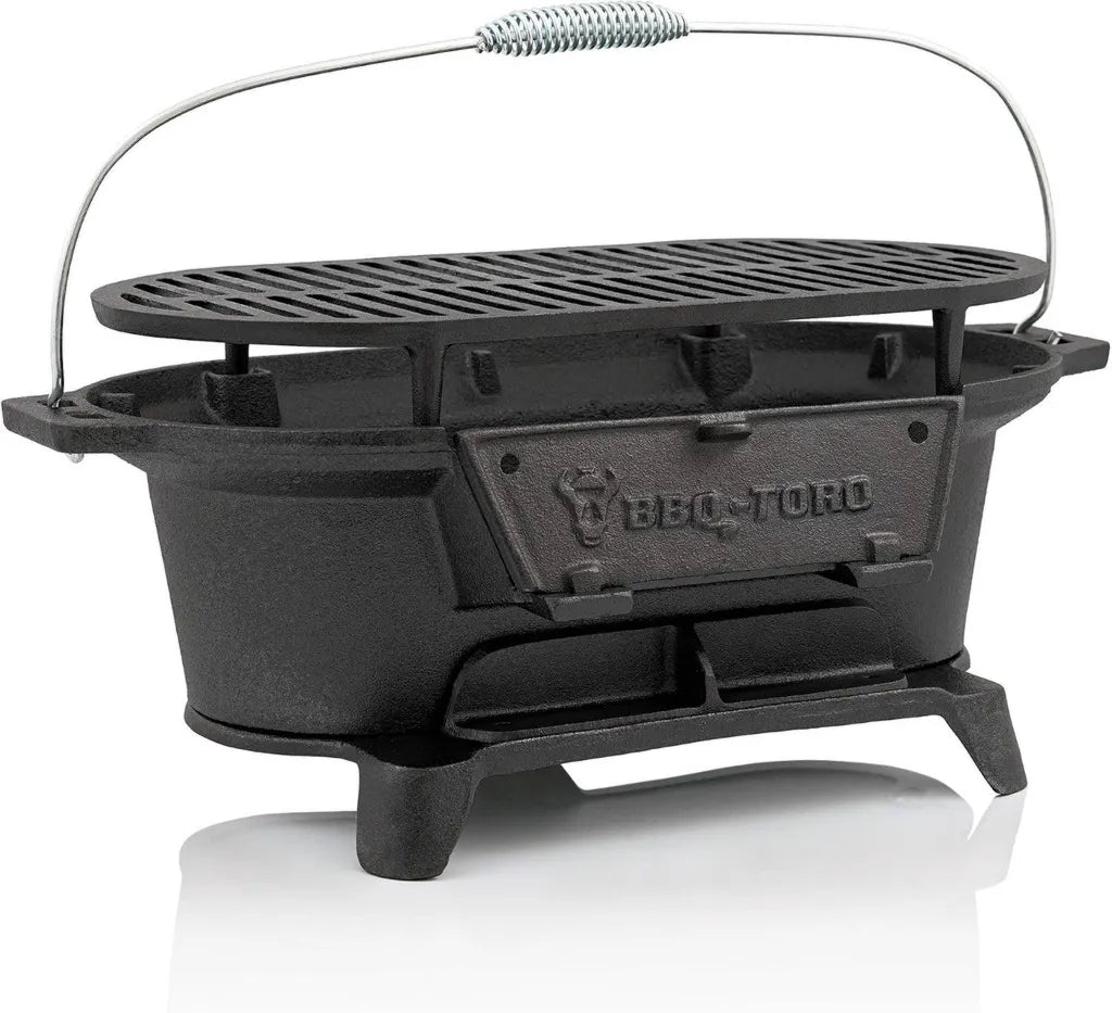 Hochwertiger Gusseisen Grilltopf mit Grillrost | Kompakter Hibachi Stil Holzkohlegrill für Camping | 50 x 25 x 23 cm