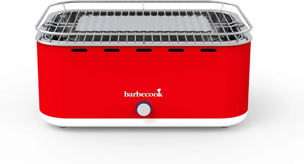 Kompakter rauchfreier Tischgrill mit Gebläse und Tragetasche, ideal für Balkon und Camping, spülmaschinenfest, Rot