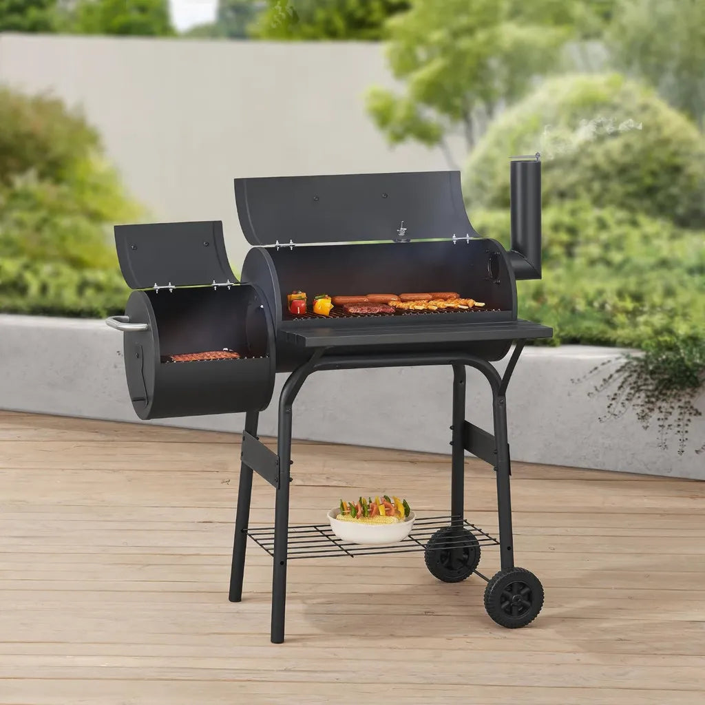 casa.pro Holzkohlegrill Arielli Smoker mit Deckel und Feuerbox, BBQ Grillwagen, Thermometer, Schwarz, 115x110x64cm