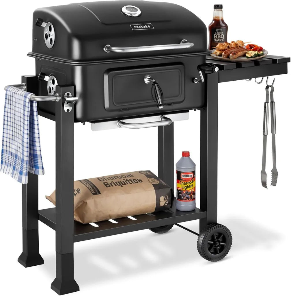 Tectake® Holzkohlegrill mit höhenverstellbarer Kohlewanne, Thermometer und Klapptische