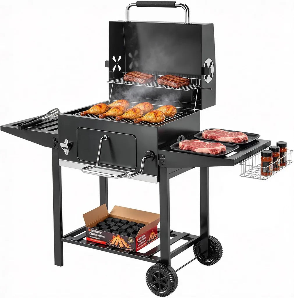 Outsunny Tragbarer Holzkohlegrill mit Deckel und Zubehör, klappbar und mobil, ideal für Camping, schwarz