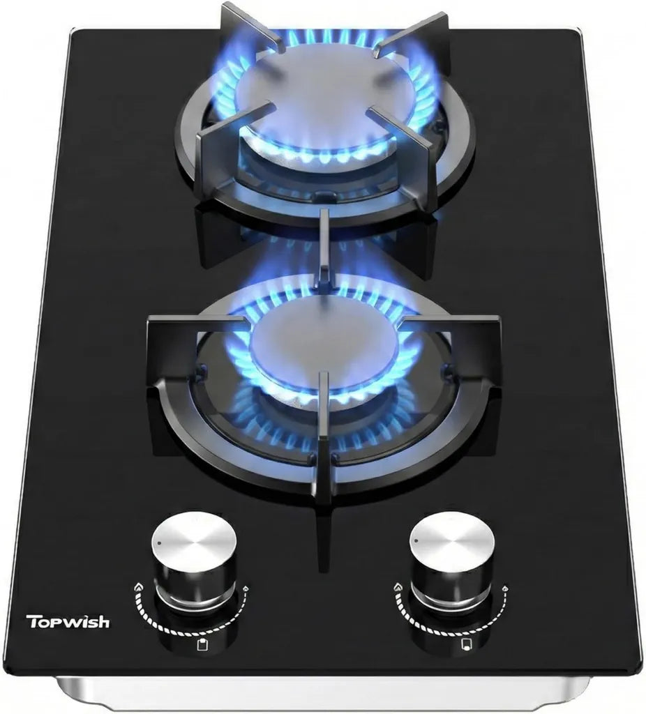 TOPWISH 2-flammiges Gaskochfeld, 30 cm Einbau, NG/LPG umwandelbar, Zündautomatik, Thermoschutz, 4750W
