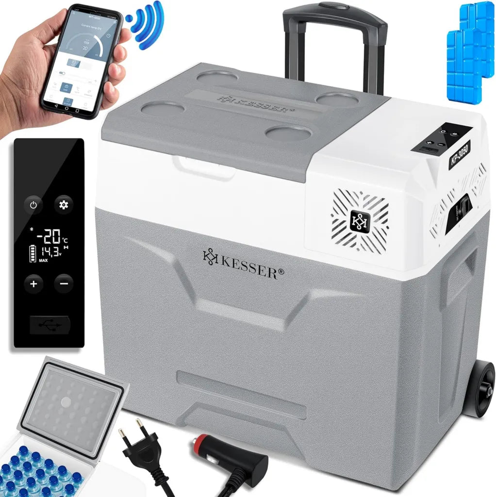 KESSER® Elektrische Kühlbox 50L mit APP-Steuerung, USB-Anschluss, 12/24V, 230V, Teleskopgriff, Räder, Gefrierfunktion bis -20°C für Auto, LKW, Boot
