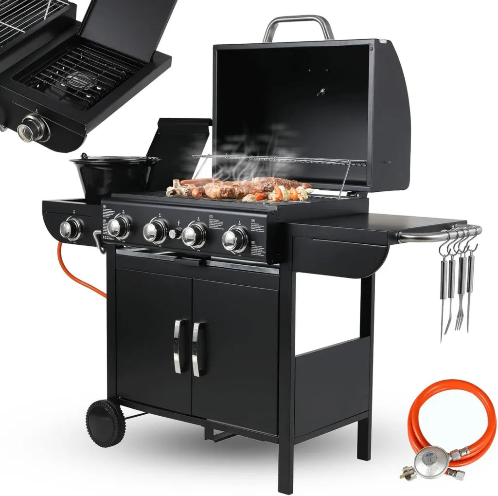 Leistungsstarker 4+1 Brenner Gasgrill mit Seitenkochfeld und Thermometer