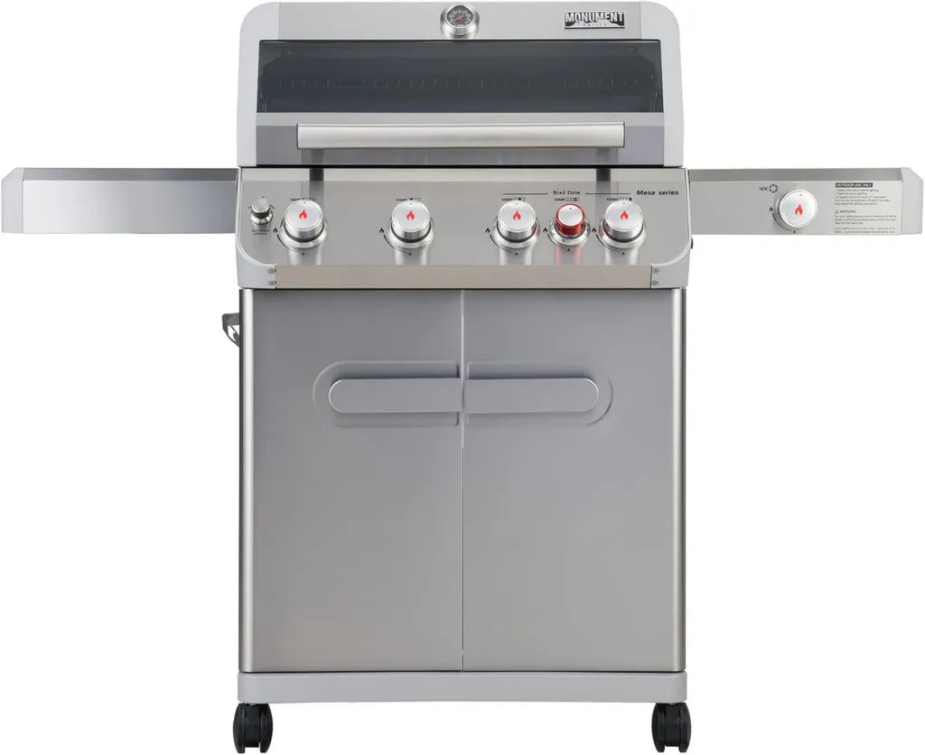 Monument Grills Edelstahl Gasgrill, 4 Brenner, 62.000 BTU, mit Seitenbrenner und Drehreglern