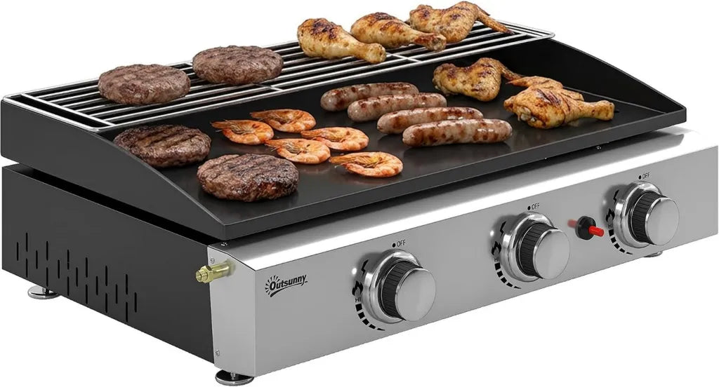 Outsunny Edelstahl-Gasgrill mit 3 Brennern, 7,5 kW, emaillierte Platte, hitzebeständig, leicht zu reinigen, mit Warmhalterost, Schwarz