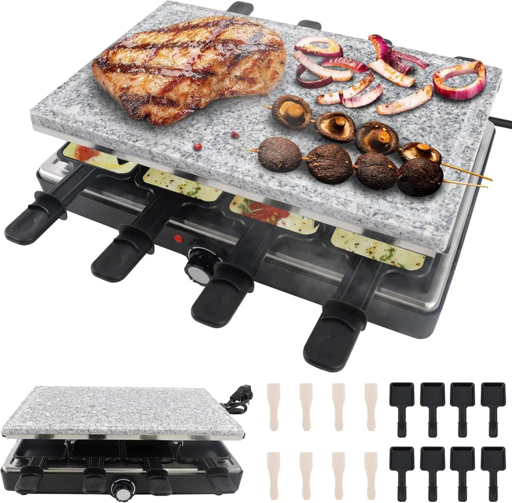 Raclette-Grill 1400W für 8 Personen, doppelstöckig mit Antihaftbeschichtung und Steinplatte, inkl. Pfännchen, Holzspateln und Edelstahlkabel, ideal für Party und Camping