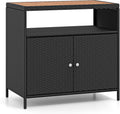 Gartenschrank aus Rattan mit Akazienholzplatte, Doppeltür und offenem Fach, schwarzer Outdoor-Aufbewahrungsschrank 90x53x86 cm