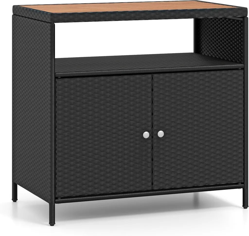 Gartenschrank aus Rattan mit Akazienholzplatte, Doppeltür und offenem Fach, schwarzer Outdoor-Aufbewahrungsschrank 90x53x86 cm