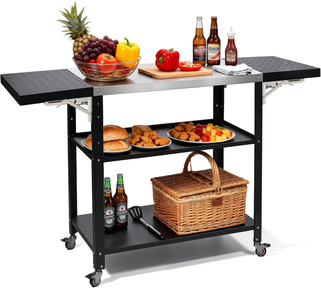 Klappbarer Edelstahl-Servierwagen mit Drei Etagen für Outdoor-Grill und Camping
