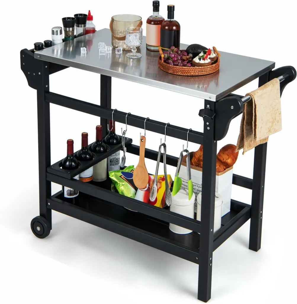 Hochwertiger Grillwagen mit Edelstahloberfläche, Outdoor-Küchenwagen mit Gewürzablage und Flaschenhalter