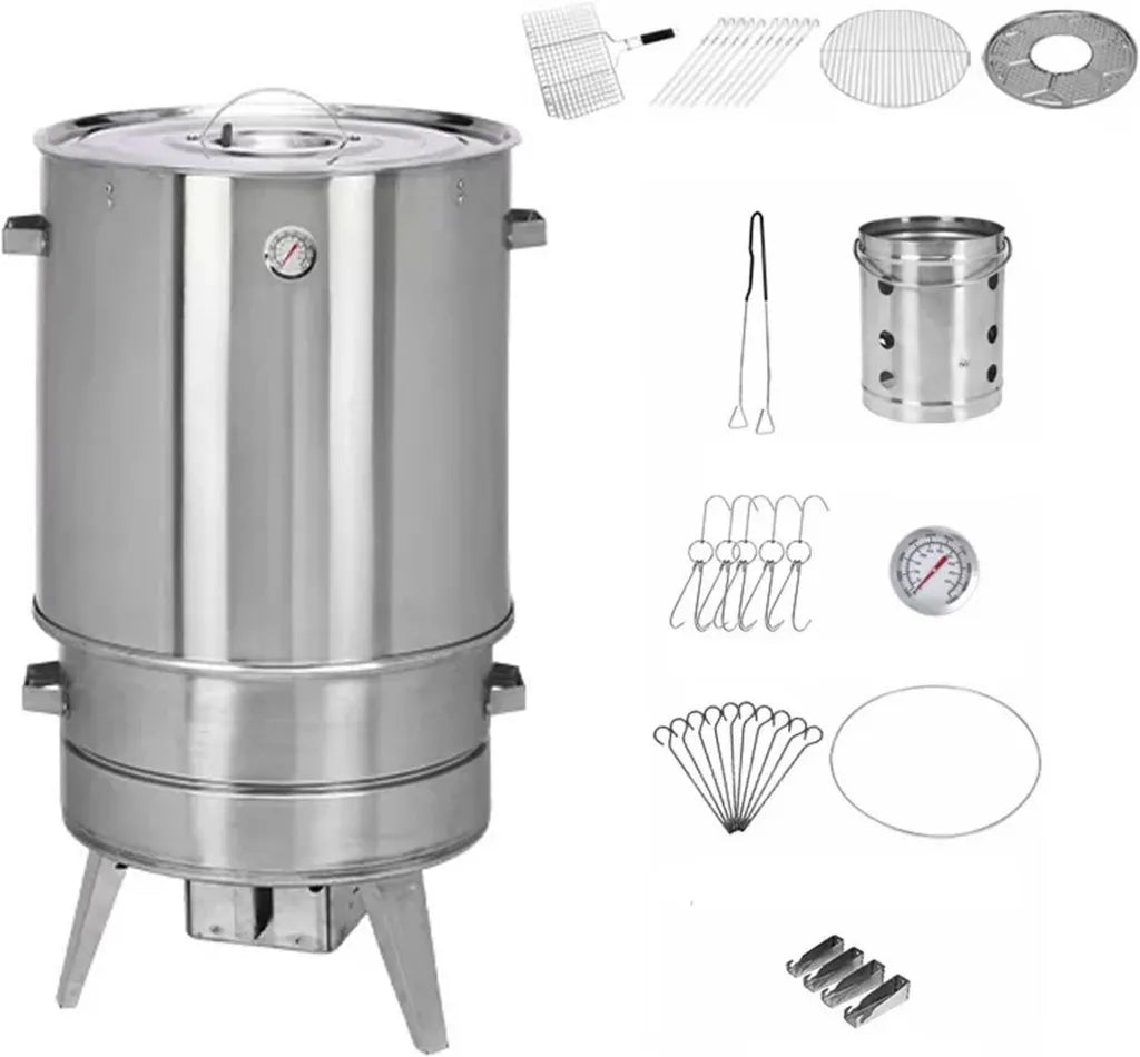 Edelstahl 360° Grill-Smoker mit Thermometer und Tropfschale für Huhn, Truthahn, Schwein und Lamm