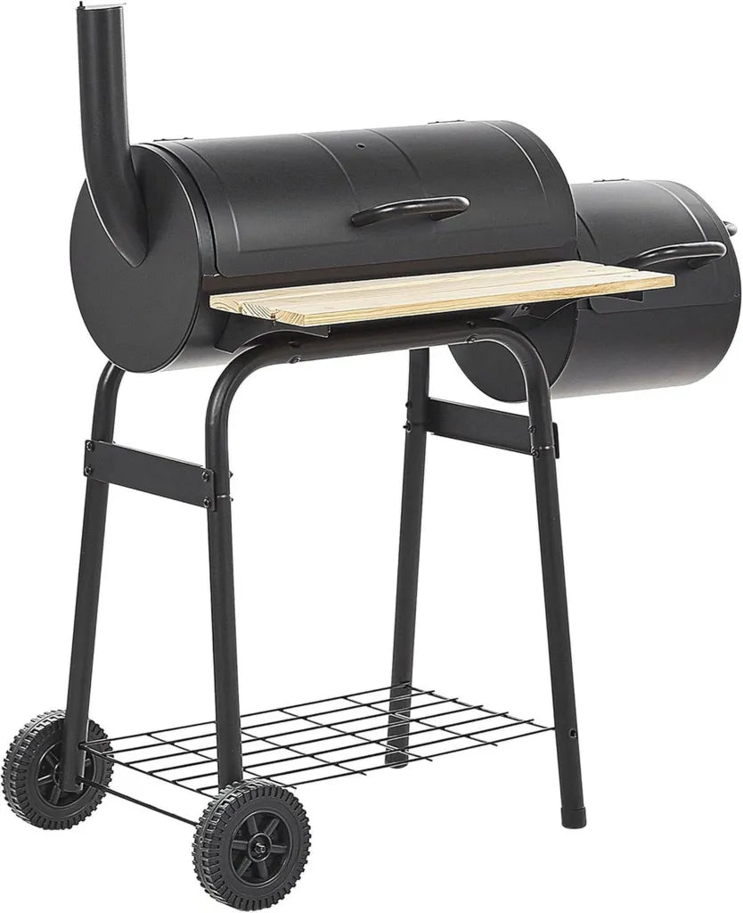 Mobiler Stahl-Holzkohlegrill mit Räucherkammer – Schwarz