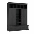 Schwarzer Holzschrank mit Regalen und Türen