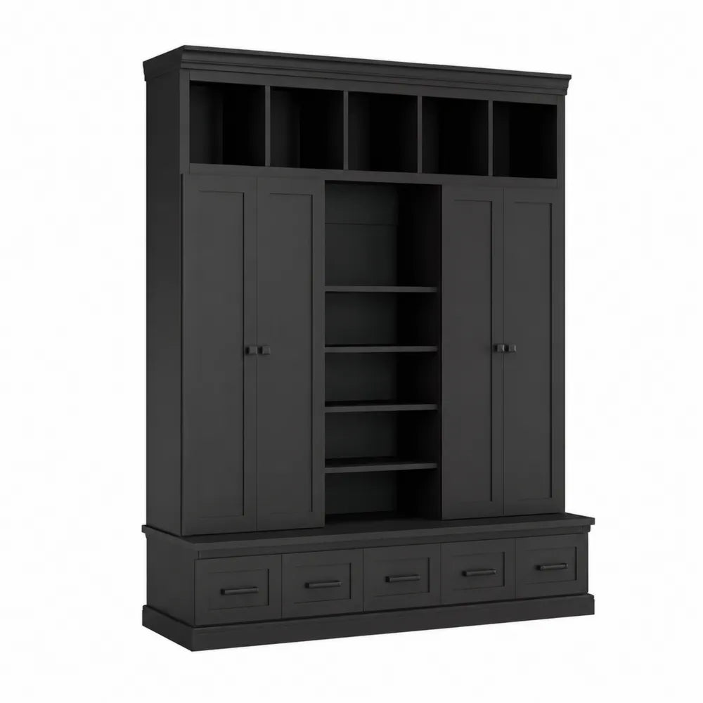 Schwarzer Holzschrank mit Regalen und Türen