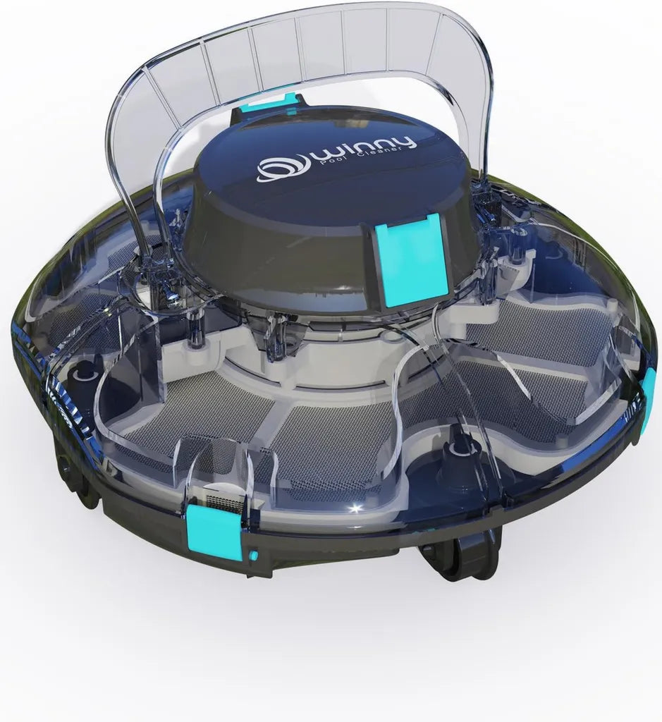 Winny Poolreiniger 200: Kabelloser Poolsauger mit Akku, 80 Minuten Laufzeit, Doppelfilterung, für bis zu 60 m² Aufstellpools, Automatische Parkfunktion, Kompakt und Leicht, Schwarz-Marine