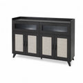 Schwarzes Holz-Sideboard mit Rattangeflecht und geriffeltem Glas