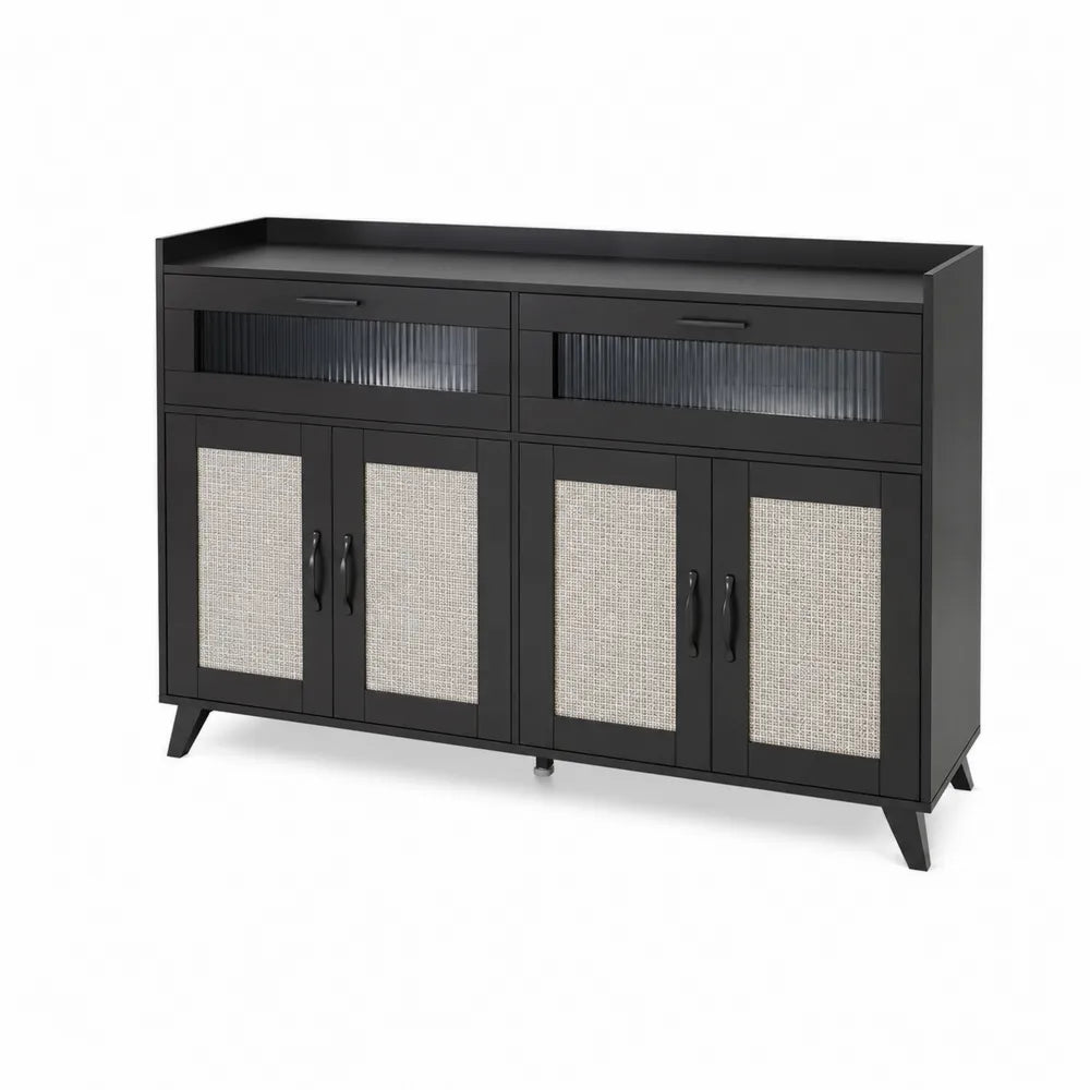 Schwarzes Holz-Sideboard mit Rattangeflecht und geriffeltem Glas