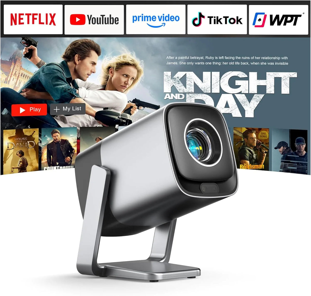 Projektor WiFi6, Outdoor, WLAN, Bluetooth, Dolby Audio, 4K UHD, Beamer, Silber, 210° Heimkino