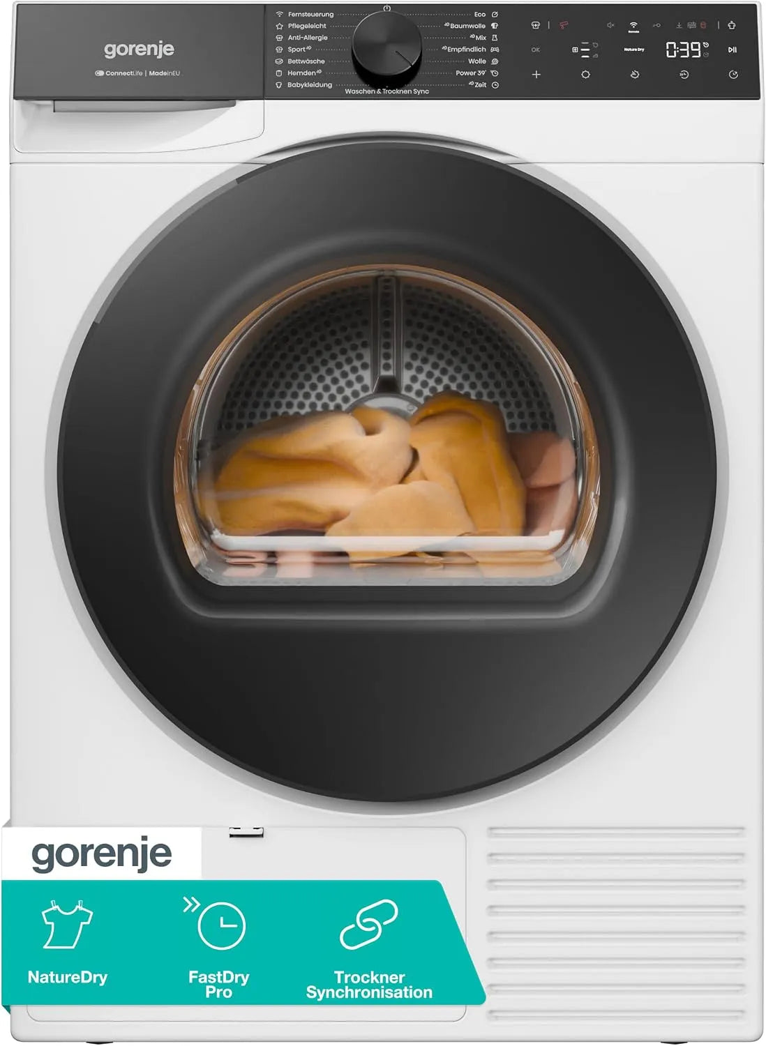 Gorenje D5G69CP, 9kg Wäschetrockner, 15 Programme, 9 kg, Kondensation mit Wärmepumpe, Trockner Synchronisation, ConnectLife, Made in EU, FastDry Pro